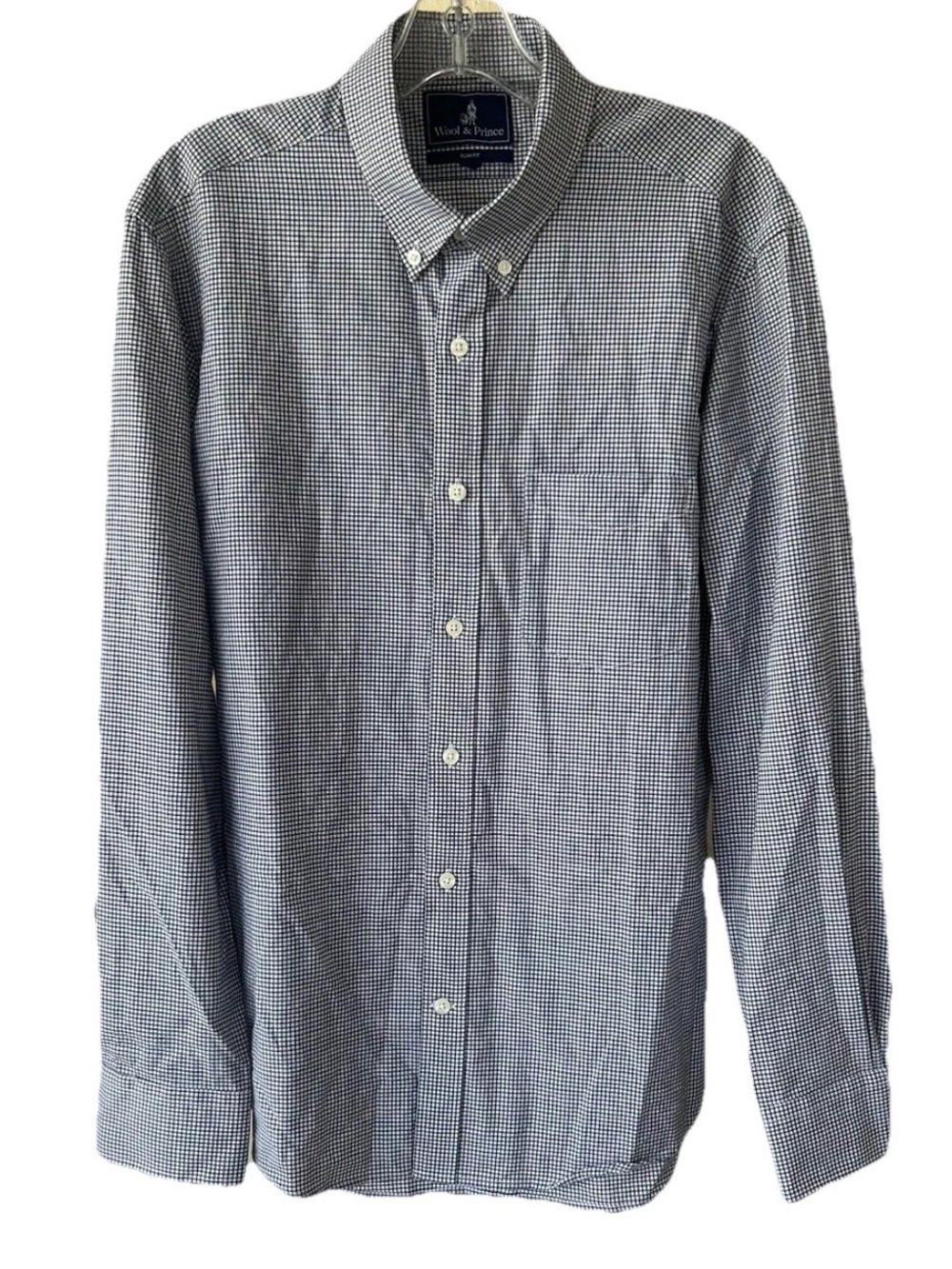 Wool & Prince 100% Wool Button Down Shirt Navy White Check M Slim Fit Long sleve
